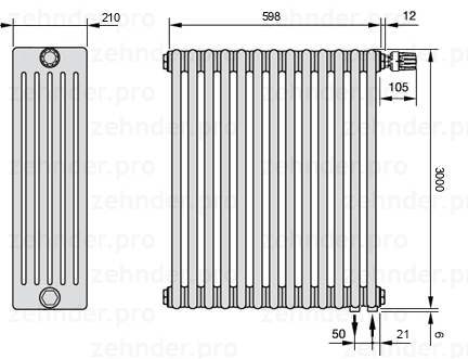 Схема (чертеж) Радиатор Zehnder Charleston 6300/13 №V002 Белый глянцевый RAL 9016